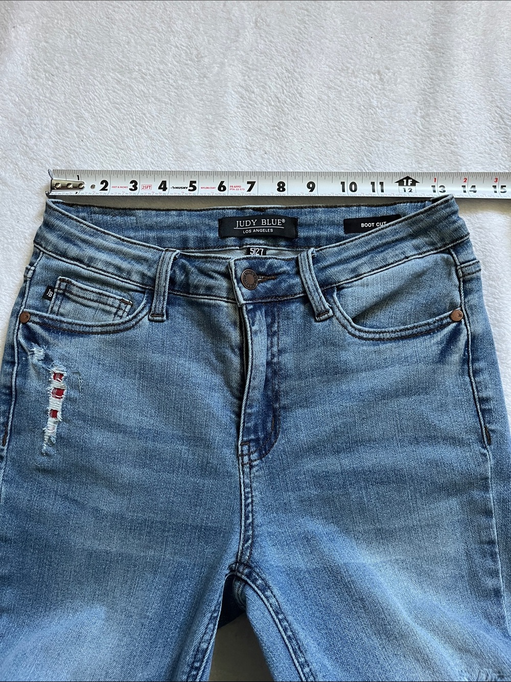Judy Blue Light Blue Distressed Straight Leg Jeans with Red Patch Accents - Picture 4 of 7